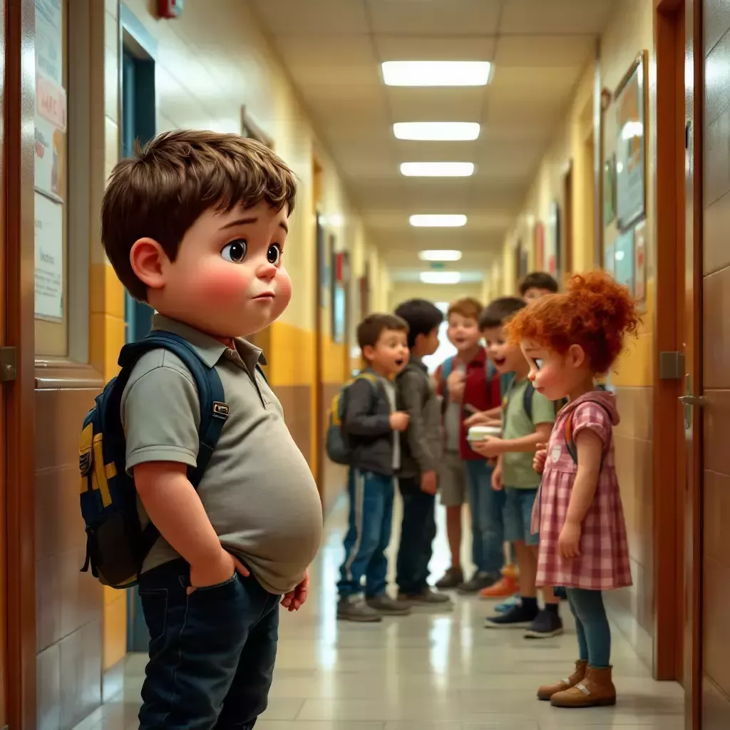 Three months later, Billy, now noticeably chubbier, is standing in a school hallway. A group of kids are pointing and laughing at him. Billy looks sad and embarrassed.
