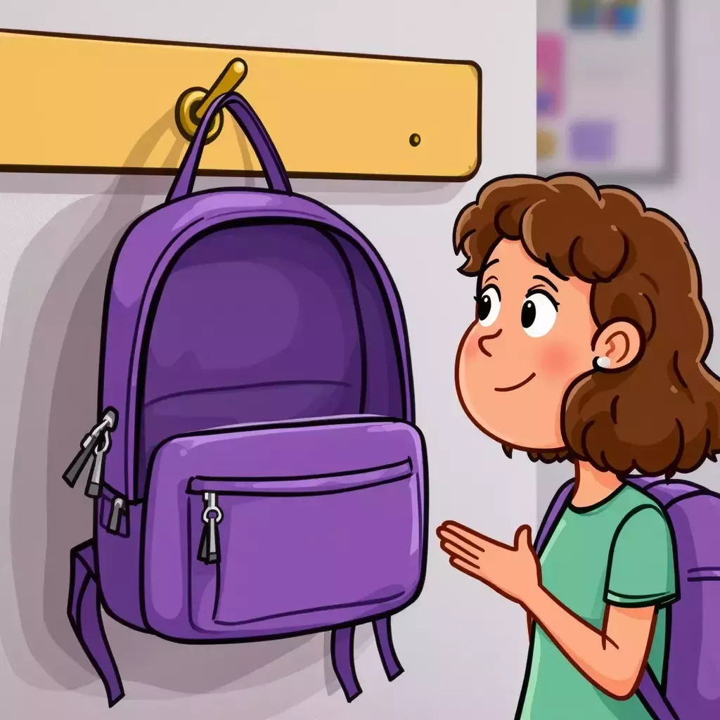 Girl with shoulder length brown curly hair and a green t-shirt looks in her empty purple backpack witch is hanging on a Woden peg in the classroom(Cartoon)