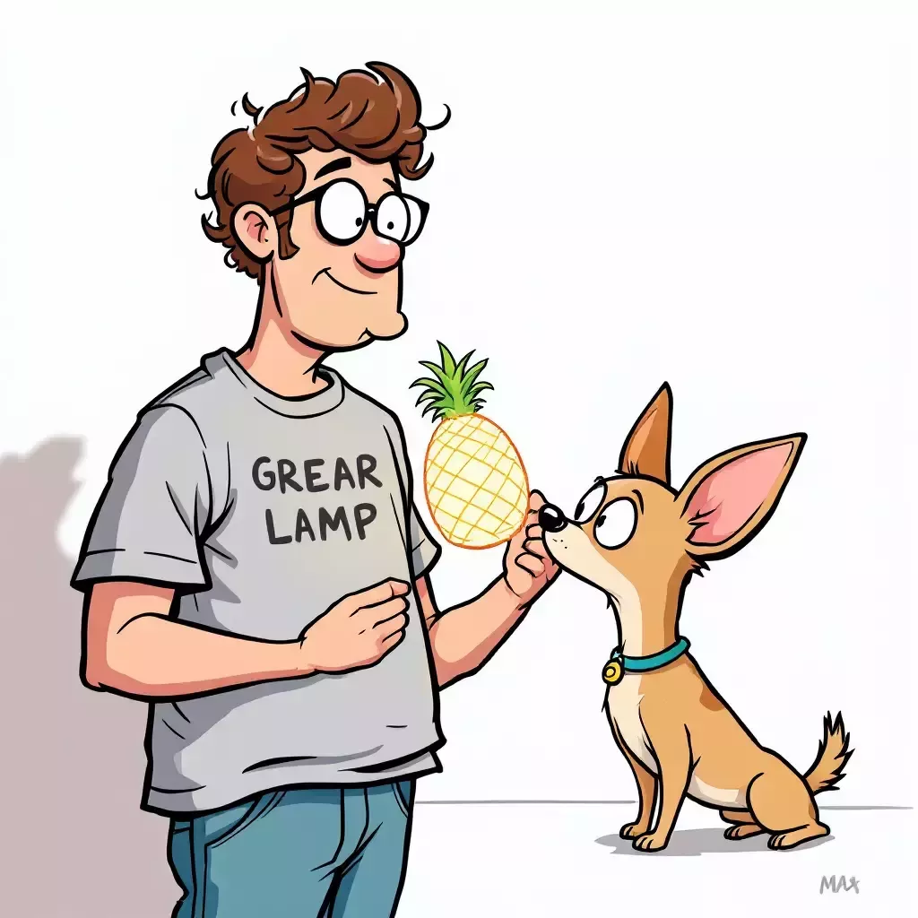 Bob holds up a glittery pineapple-shaped lamp while Max sniffs it suspiciously.