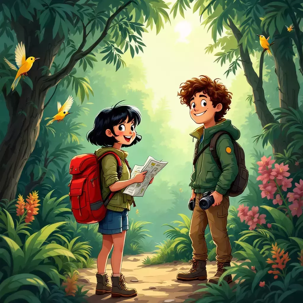 The tourists are now on a hiking trail surrounded by dense jungle. Birds can be heard chirping and the sun filters through the trees. One tourist is holding a map while the other is taking photos.