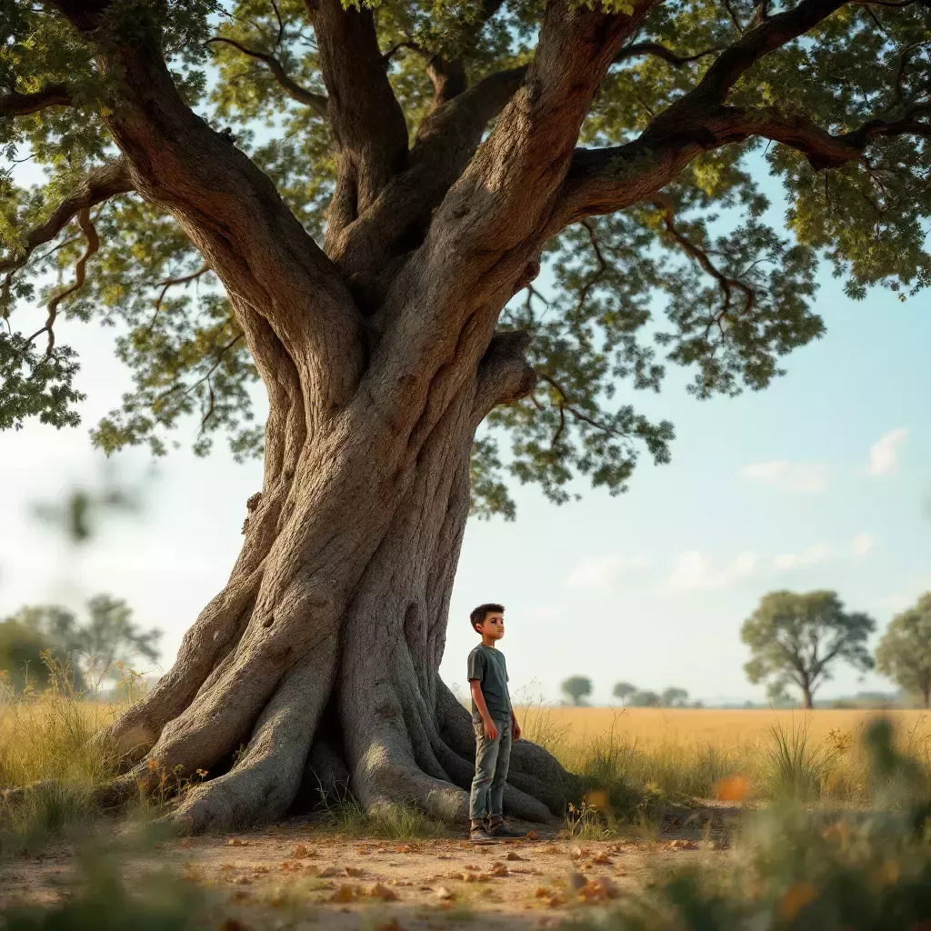 A tall and lanky boy named Kek standing under a large tree, looking determined.