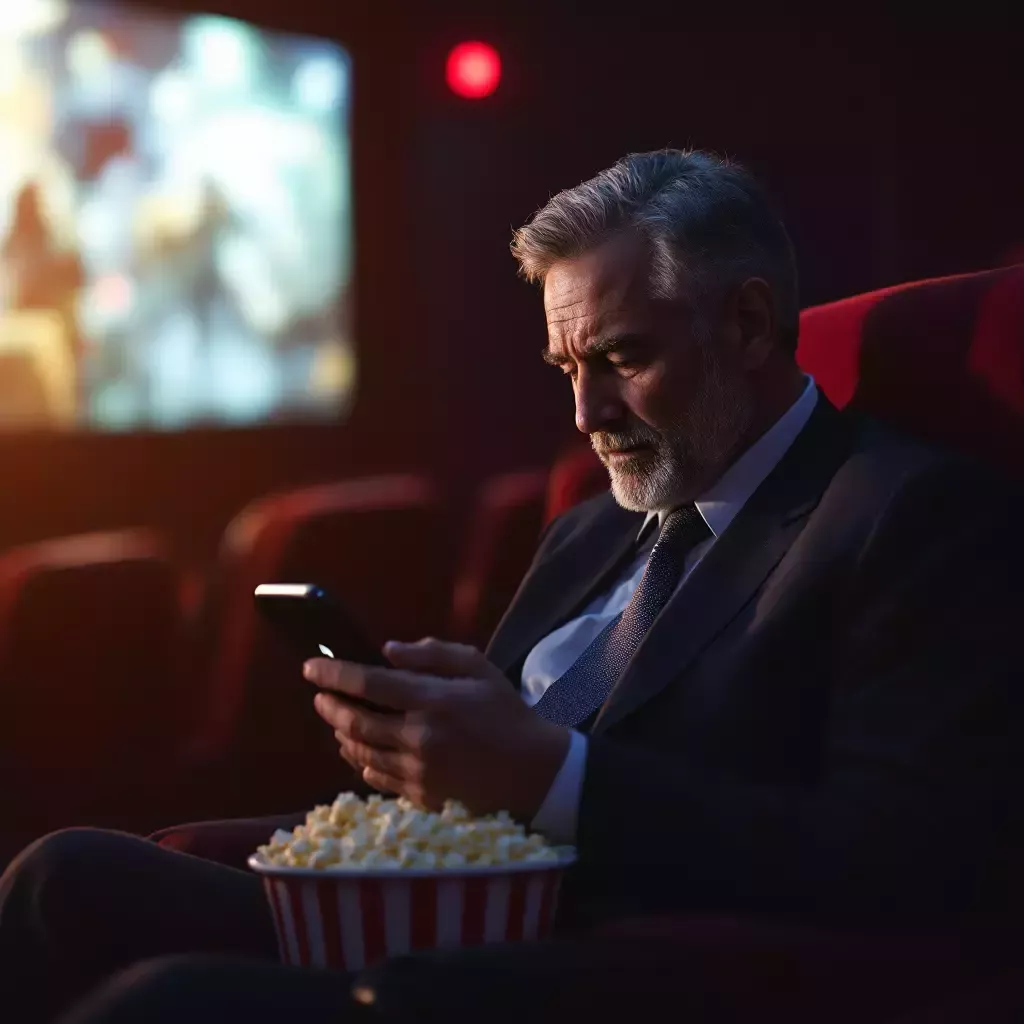 The manager is pictured sitting in a dark movie theater with a bucket of popcorn in his lap, looking at his phone with a silenced mode icon visible. The screen shows a movie playing in the background.
