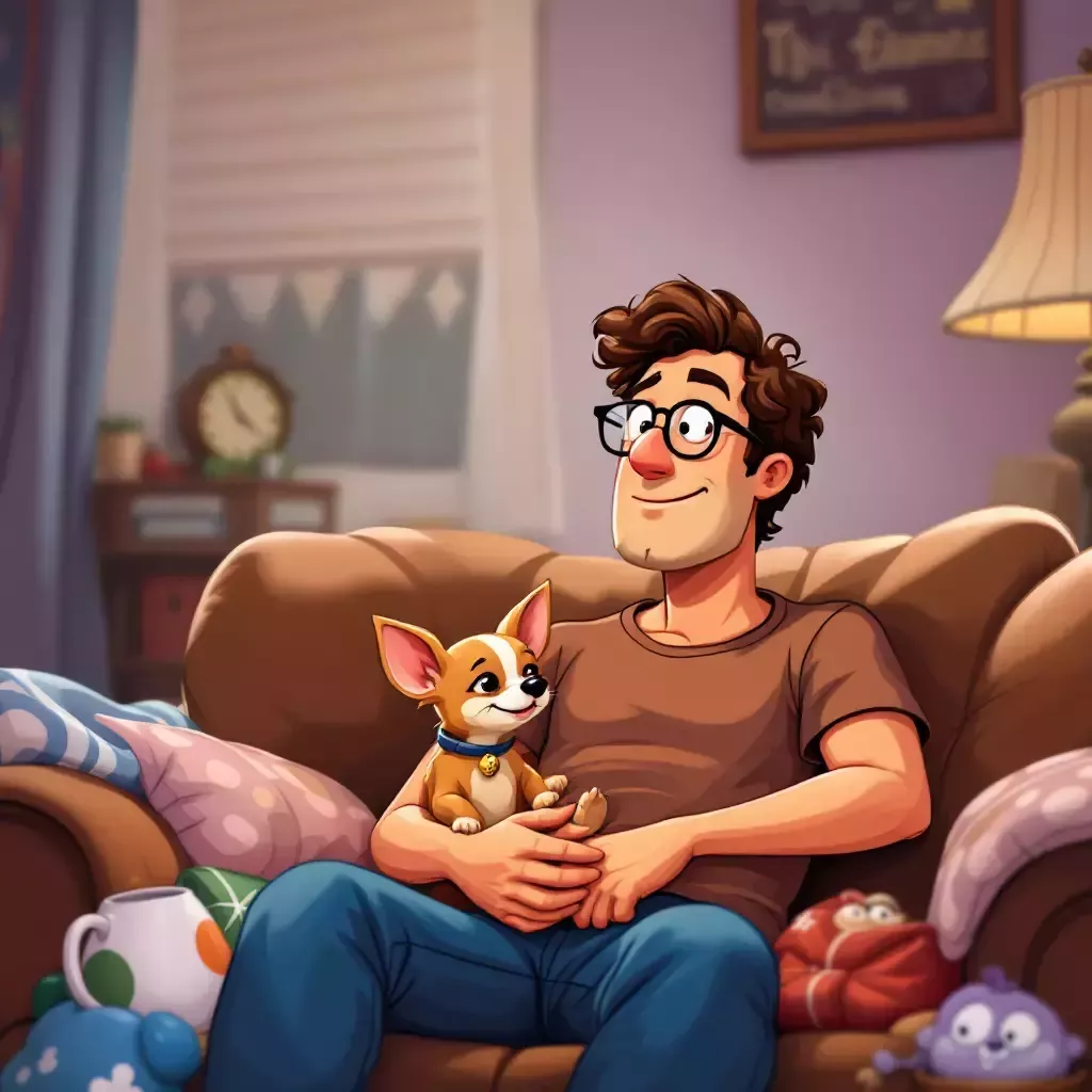 Bob and Max sit on the couch, surrounded by the reviewed items. Bob looks at the camera with a shrug while Max curls up beside him.