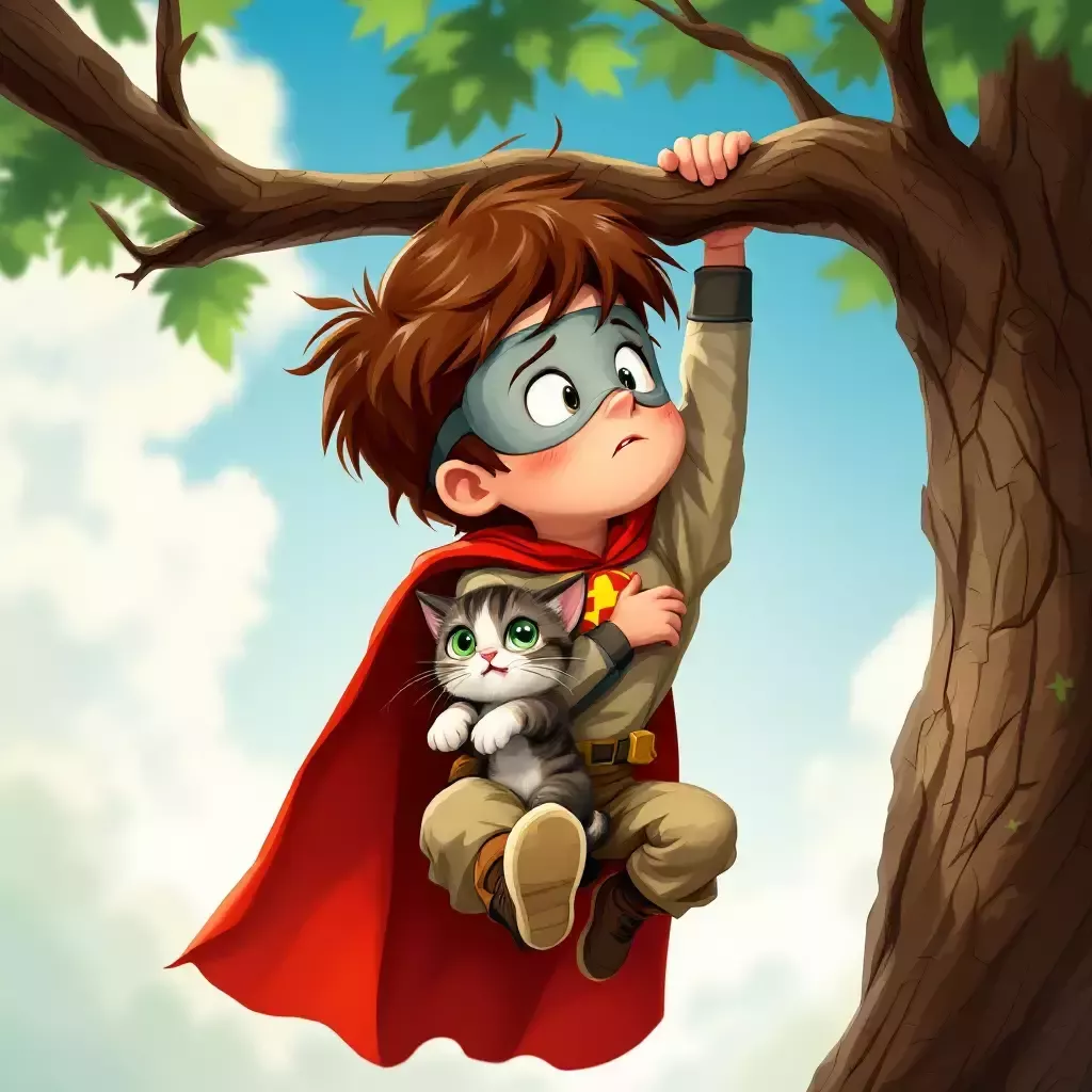 The boy hanging from a branch, the kitten now safely in his arms, but the boy is unable to climb down.