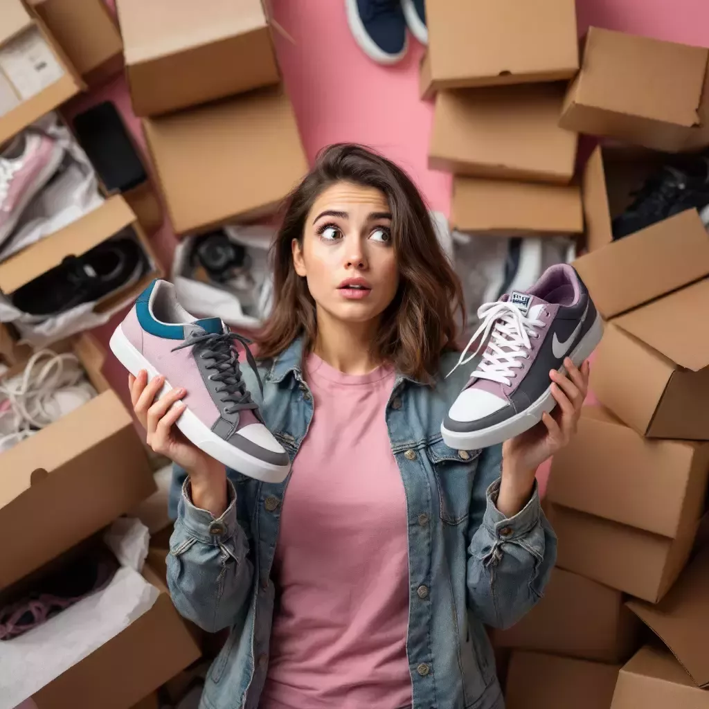 Carrie is surrounded by opened shoe boxes with mismatched shoes. She looks bewildered as she holds up two shoes of drastically different sizes. She wears a pink shirt with a jean jacket.