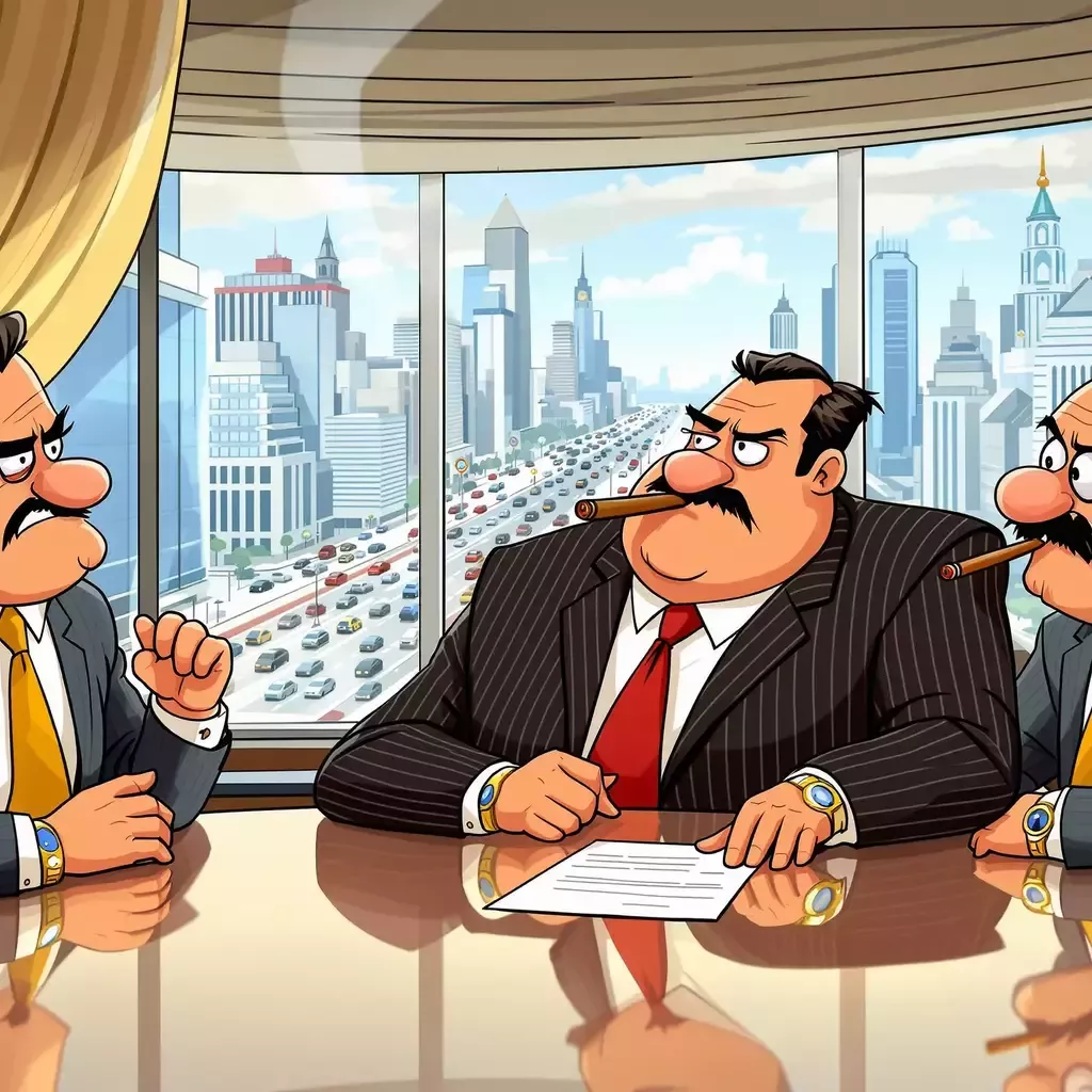 A group of wealthy businessmen in a luxurious modern office, wearing suits and ties, are gathered around a large polished table. Some are wearing expensive watches and one is smoking a cigar.  They look frustrated and are gesturing animatedly as they discuss. The view outside the window shows a bustling city with heavy traffic.