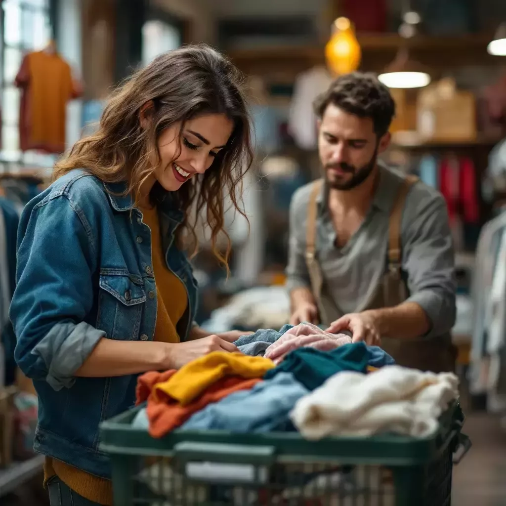 Mommy is at a thrift store, excitedly rummaging through a bin of clothes while Daddy looks on with skepticism.