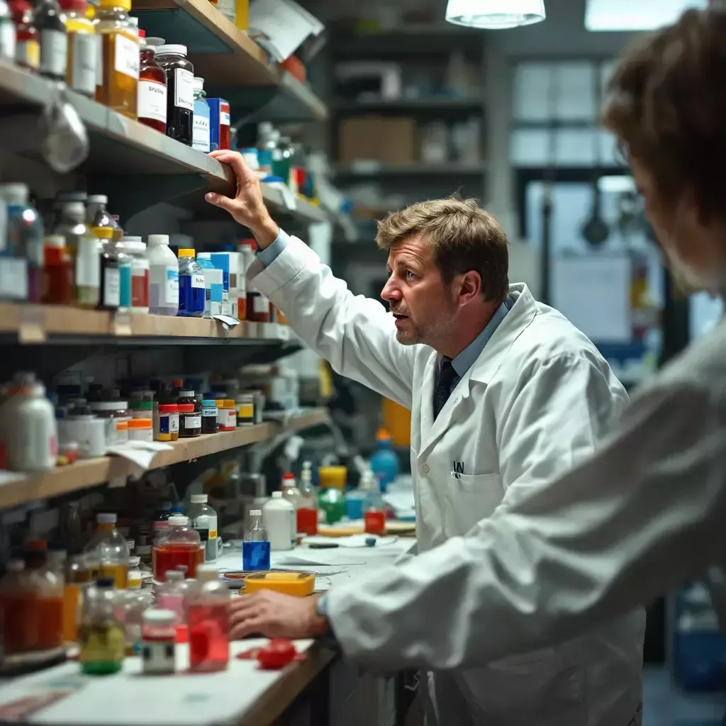RFK frantically searching through shelves filled with various colored bottles and jars labeled with scientific names. The lab is cluttered, with papers and equipment scattered around.
