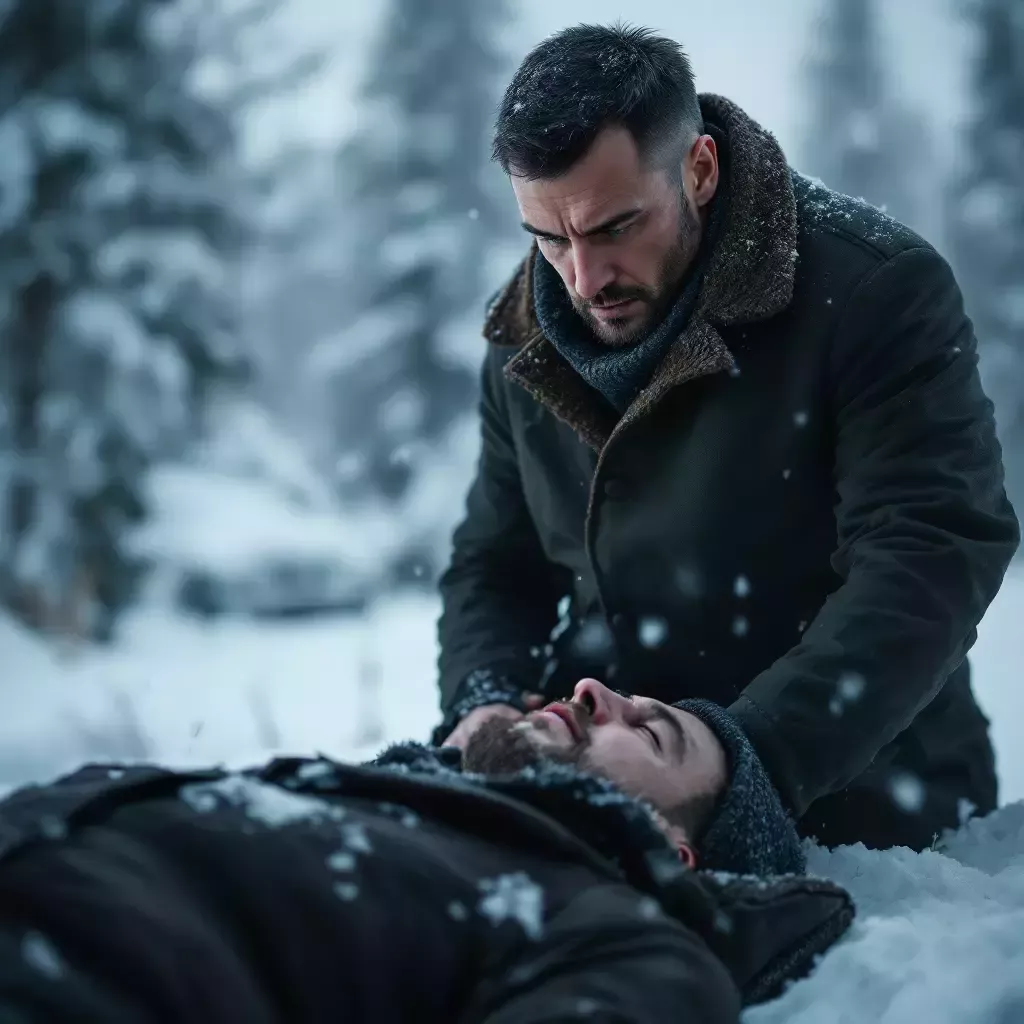 Ivan stands over Vladimir's lifeless body in the snow, a knife protruding from his chest. Ivan’s face shows determination.