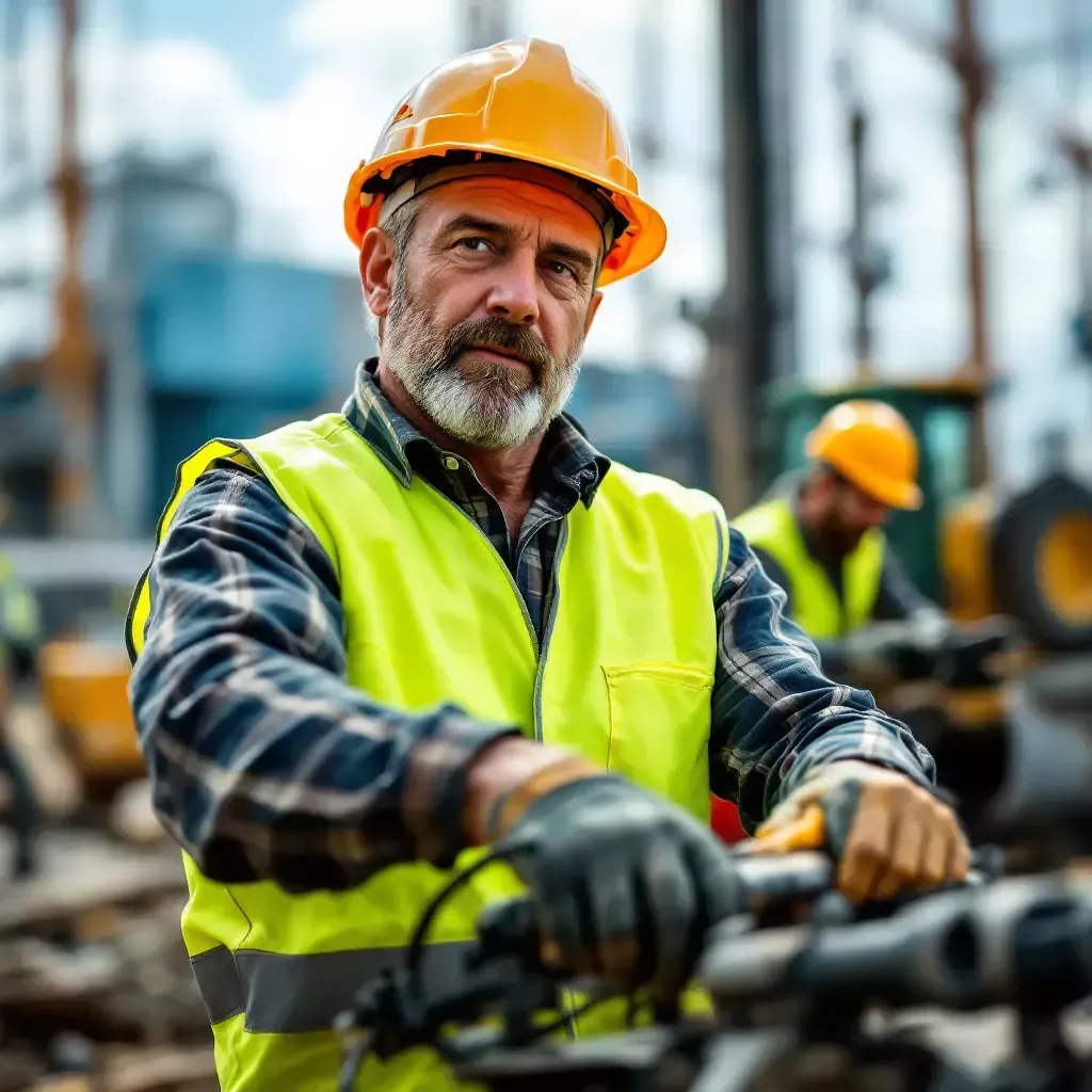 A construction site with workers skillfully operating machinery and coordinating tasks to complete a looming deadline.