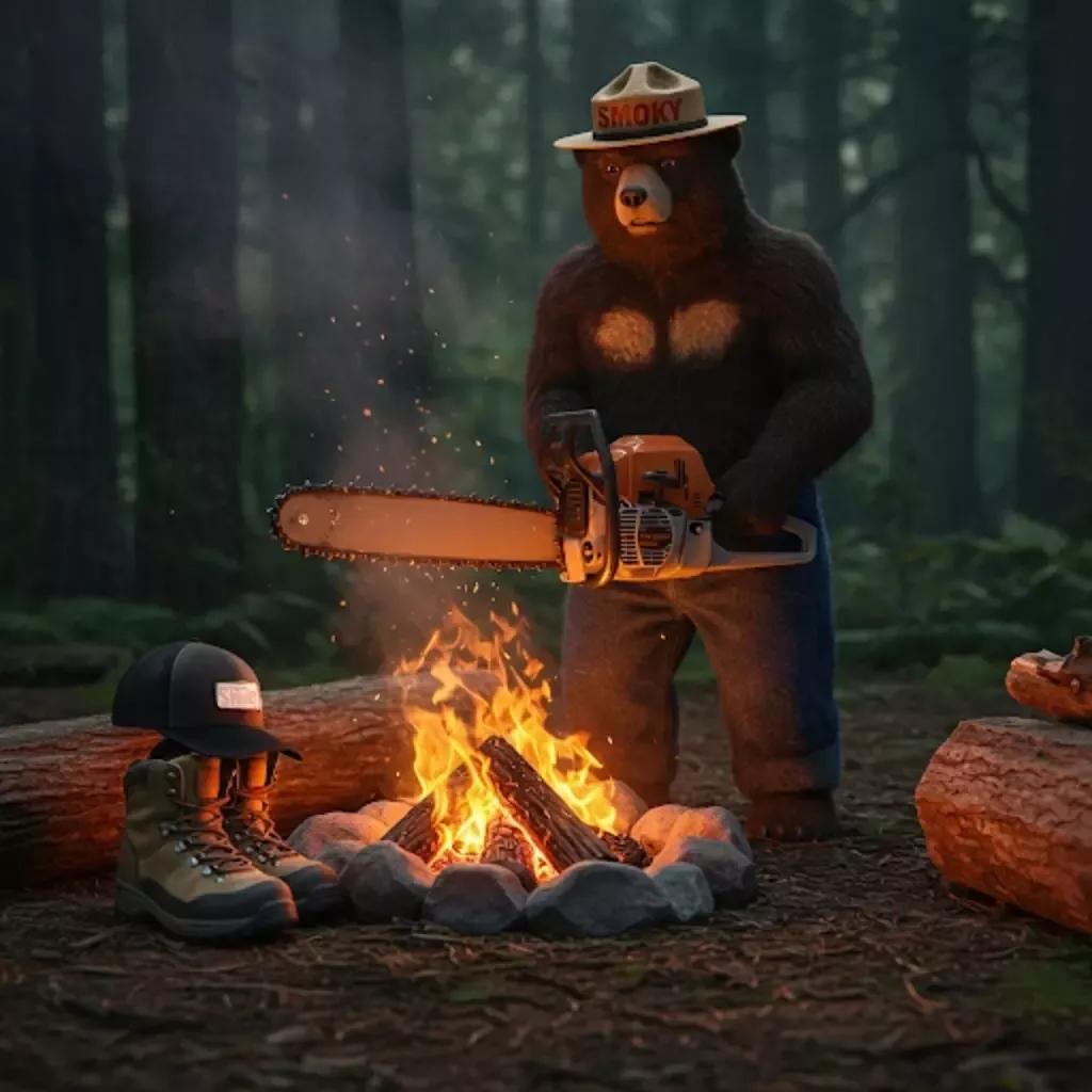Smokey the bear, chain saw, campfire, black baseball cap, elons hiking brown hiking boots.