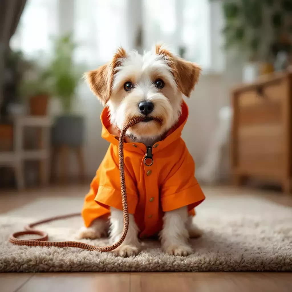 Bing is in his livingroom wearing a bright orange raincoat and holding his leash in his mouth