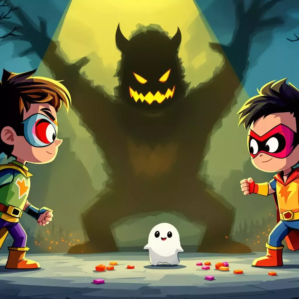 The K-Pop Demon Hunters pause, scanning the area. The mysterious shadow becomes more defined, morphing into a small mischievous spirit with a cheeky grin, attempting to grab more candy.