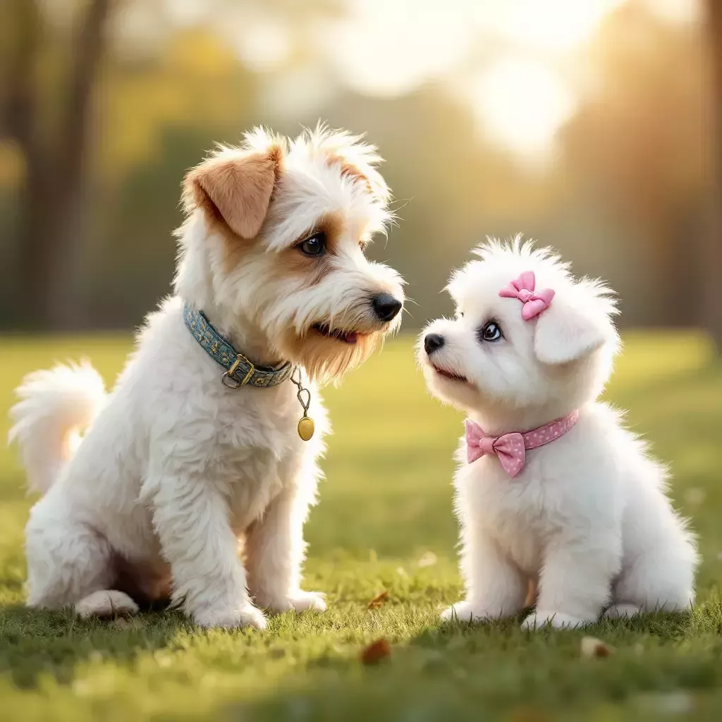 Bing sees a little white fluffy dog with a pink bow. Bing wags his tail happily and gives the dog a friendly sniffing.  The park is in the background.  