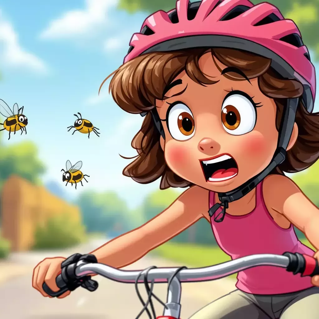 Suddenly, a flyflies into Lucy's wide-open mouth. Her eyes go wide in surprise, and she quickly tries to stop the bike with a screech.