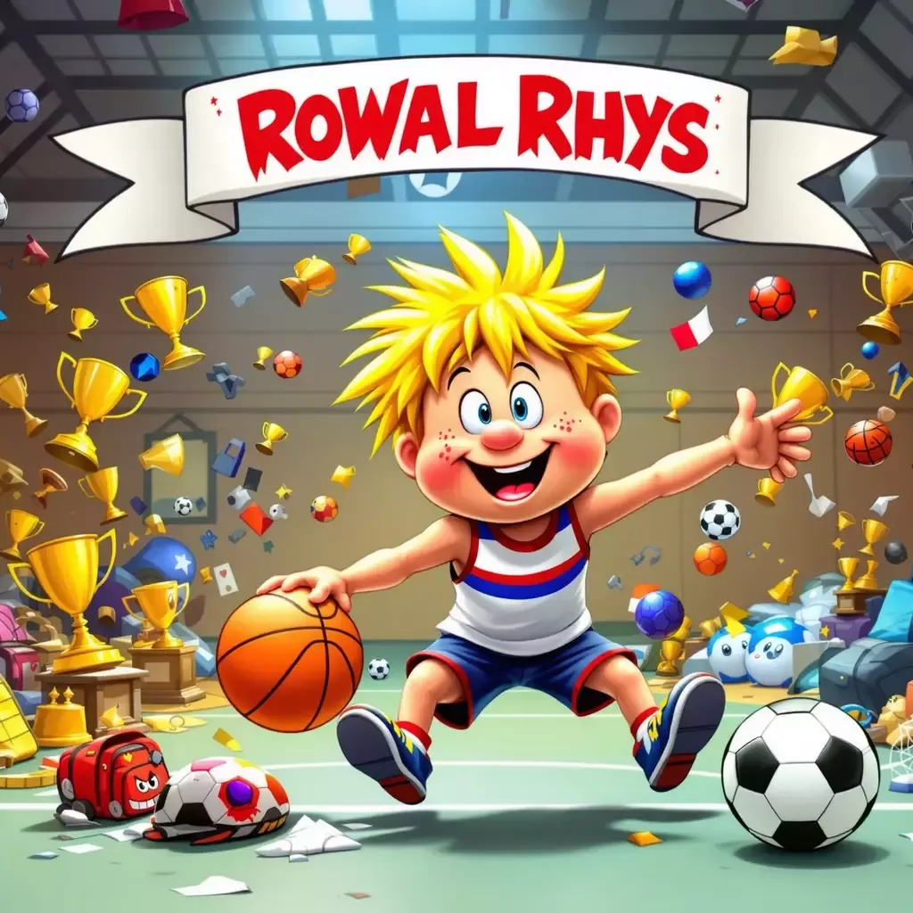 A banner at the top says "Epic Pail Kids". It has a white border. A title at the bottom says "Rowdy Rhys".
The scene shows "Rowdy Rhys". Rhys is a robust boy with a shock of blonde hair and a face full of freckles. He's depicted mid-action, as if caught in a whirlwind of sports gear and trophies, with a basketball in one hand and a soccer ball at his feet. The background is a chaotic gymnasium, with gym bags and sports equipment scattered everywhere. A banner reads "Rowdy Rhys' Roaring Sports".
