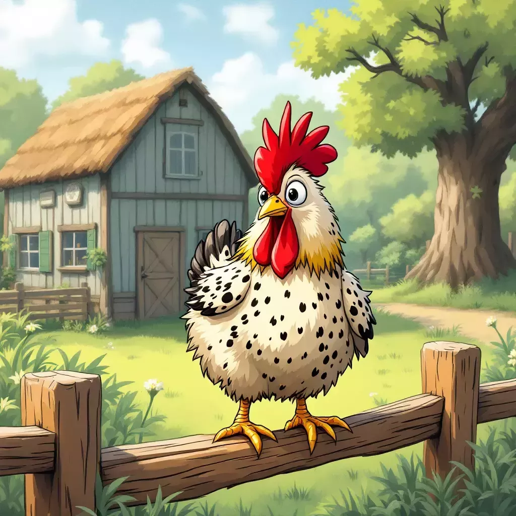 A lively farmyard with Marley, a colorful chicken with a red comb and spotted feathers, standing on a wooden fence.
