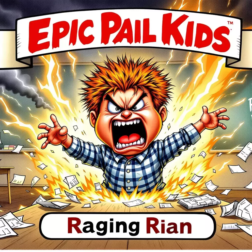 A banner at the top says "Epic Pail Kids". It has a white border. A title at the bottom says "Raging Rian".
A GPK card showing "Raging Rian". Rian is a fiery-tempered boy with auburn hair and a fierce expression. He's depicted in the midst of a stormy tantrum, with lightning bolts and storm clouds swirling around him. The background is a tumultuous classroom, with desks overturned and papers flying. A chalkboard behind him reads "Raging Rian's Raucous Rumbles".