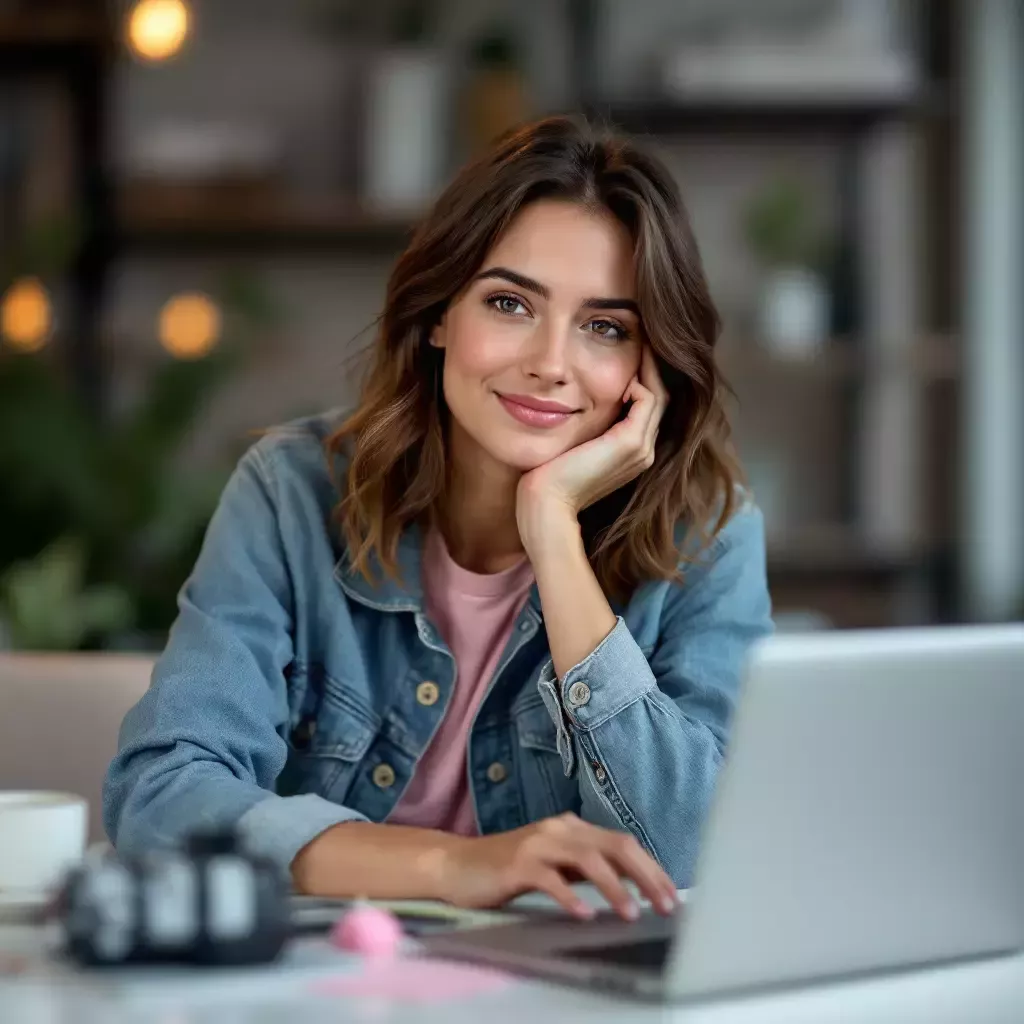 Carrie is shopping online, comparing multiple tabs of products on her laptop. One tab labeled 'Promotion Codes' is highlighted. She is resting her chin on her hand, contemplating. She wears a pink shirt with a jean jacket.