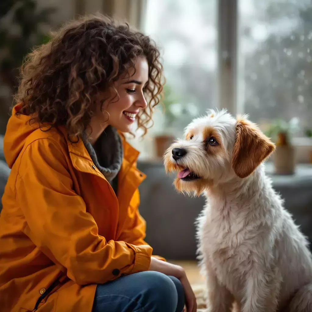 Carrie, a young woman with wavy brown hair, wearing a bright orange raincoat, talking to Bing, a scruffy white terrier with tan floppy ears, in a cozy living room with rain visible through the window.