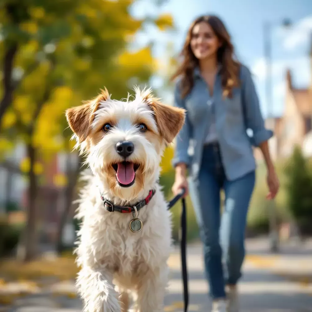 A scruffy white terrier with tan floppy ears, named Bing, eagerly walks beside his owner, Carrie, on a sunny day. Carrie is a young woman with brown hair wearing a casual blue shirt and jeans, holding a leash attached to Bing.