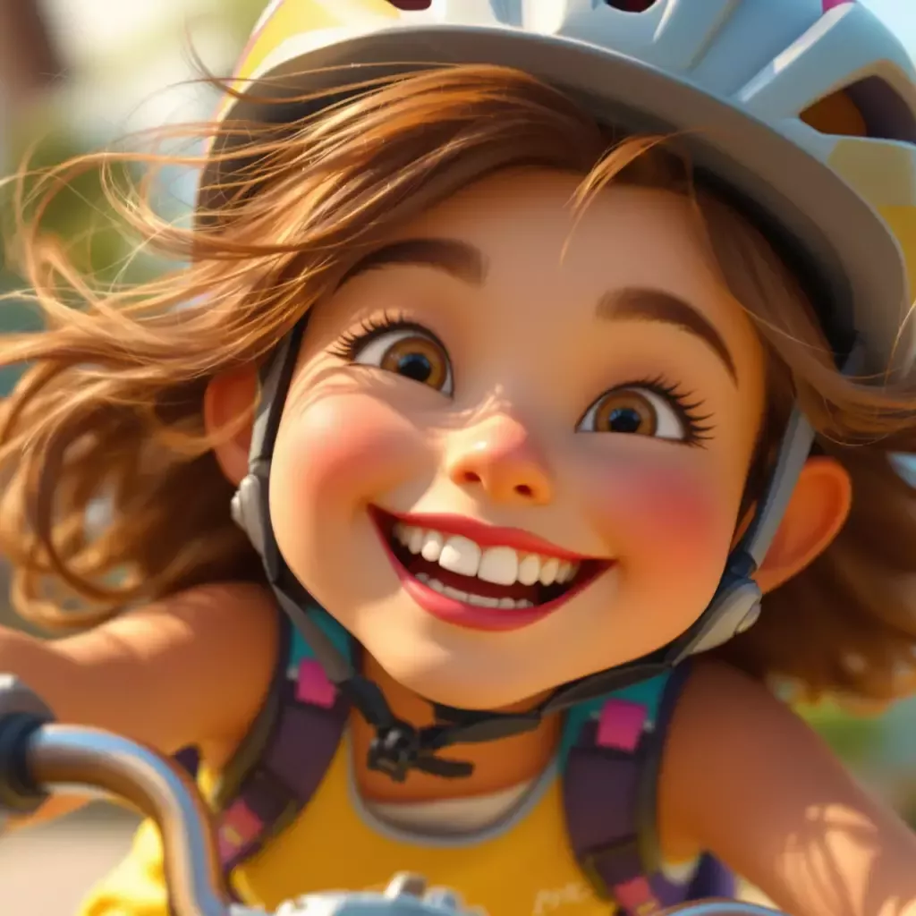 Close-up of Lucy riding her bike, her hair blowing in the wind, and her smile even bigger, showing her gleaming teeth. The background is a blur due to her speed.