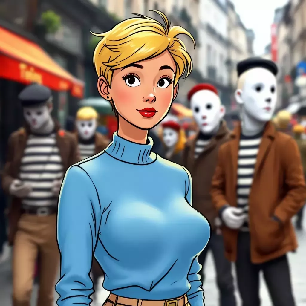Tintin stands on a bustling Parisian street. In the background, several mimes with painted white faces, striped shirts, and berets perform silently.