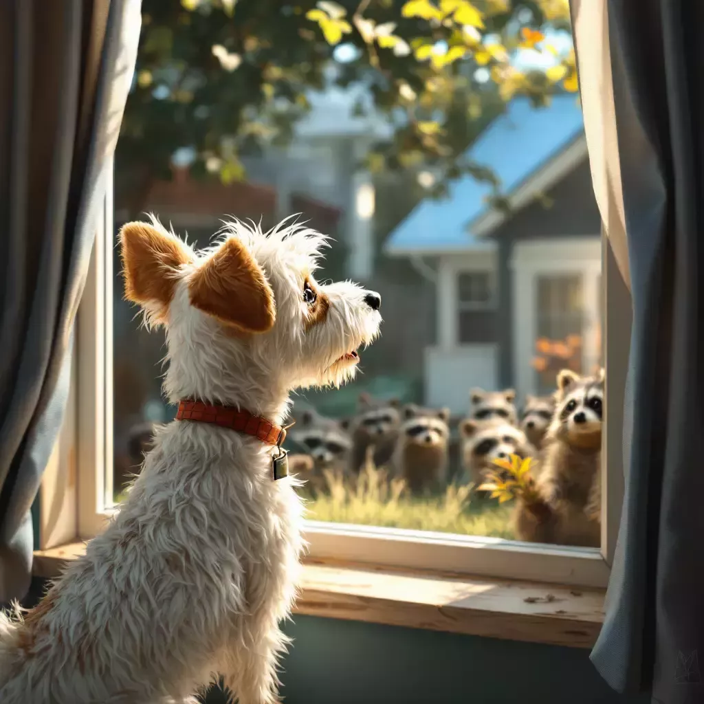Bing is at the window, barking at a group of sneaky raccoons playing in the backyard.