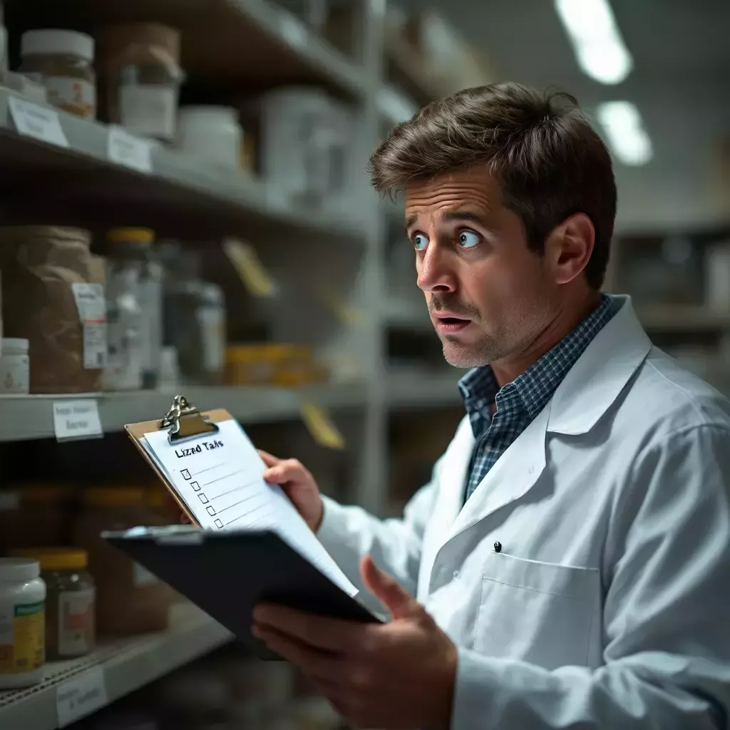 RFK, looking more panicked, holding a clipboard and checking off items. His eyes widen in realization as he looks at an empty spot on the shelf labeled 'Lizard Tails'.