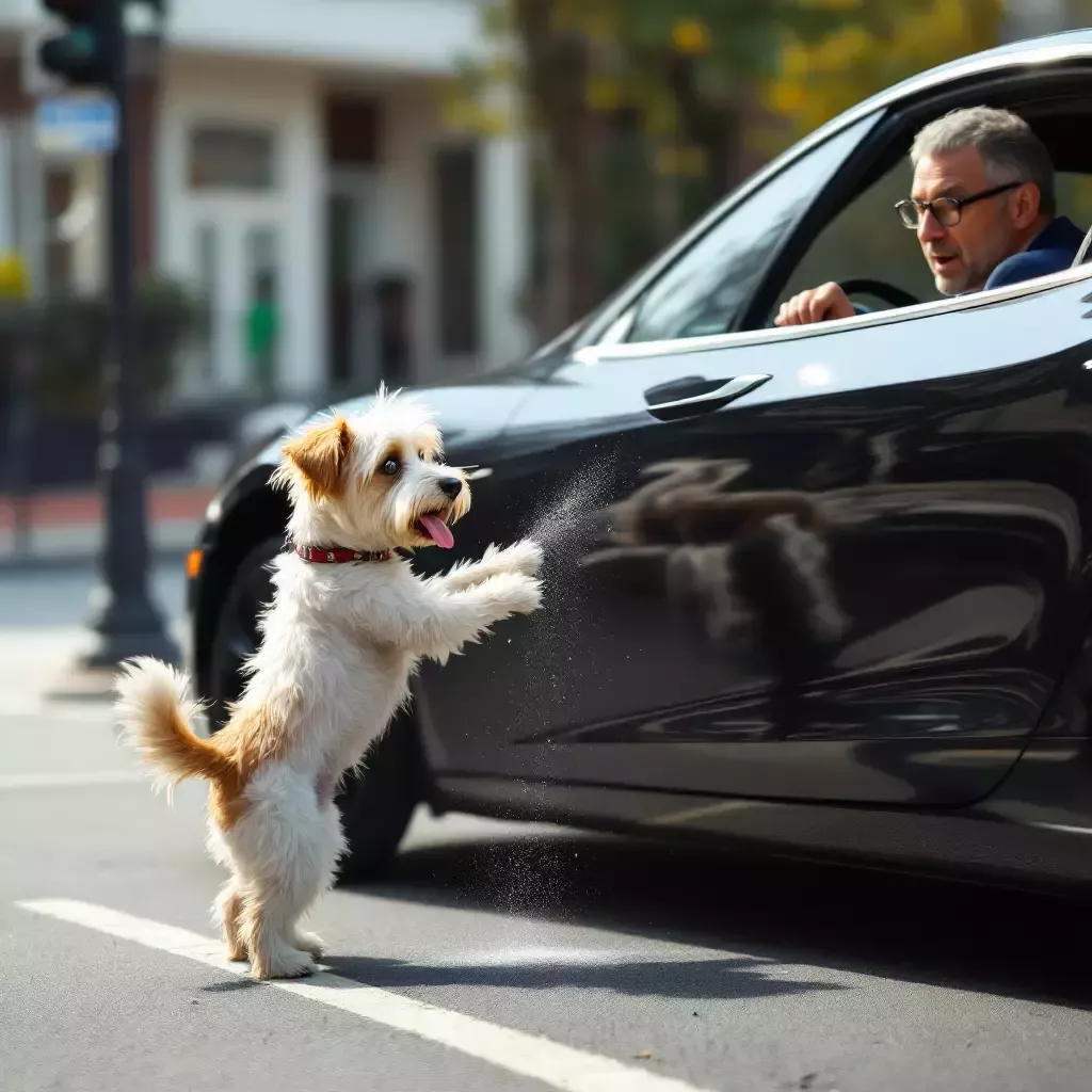 The Tesla driver, now outside the car, is pointing at Bing with an angry expression. Bing, unfazed, looks up at him with innocent eyes.
