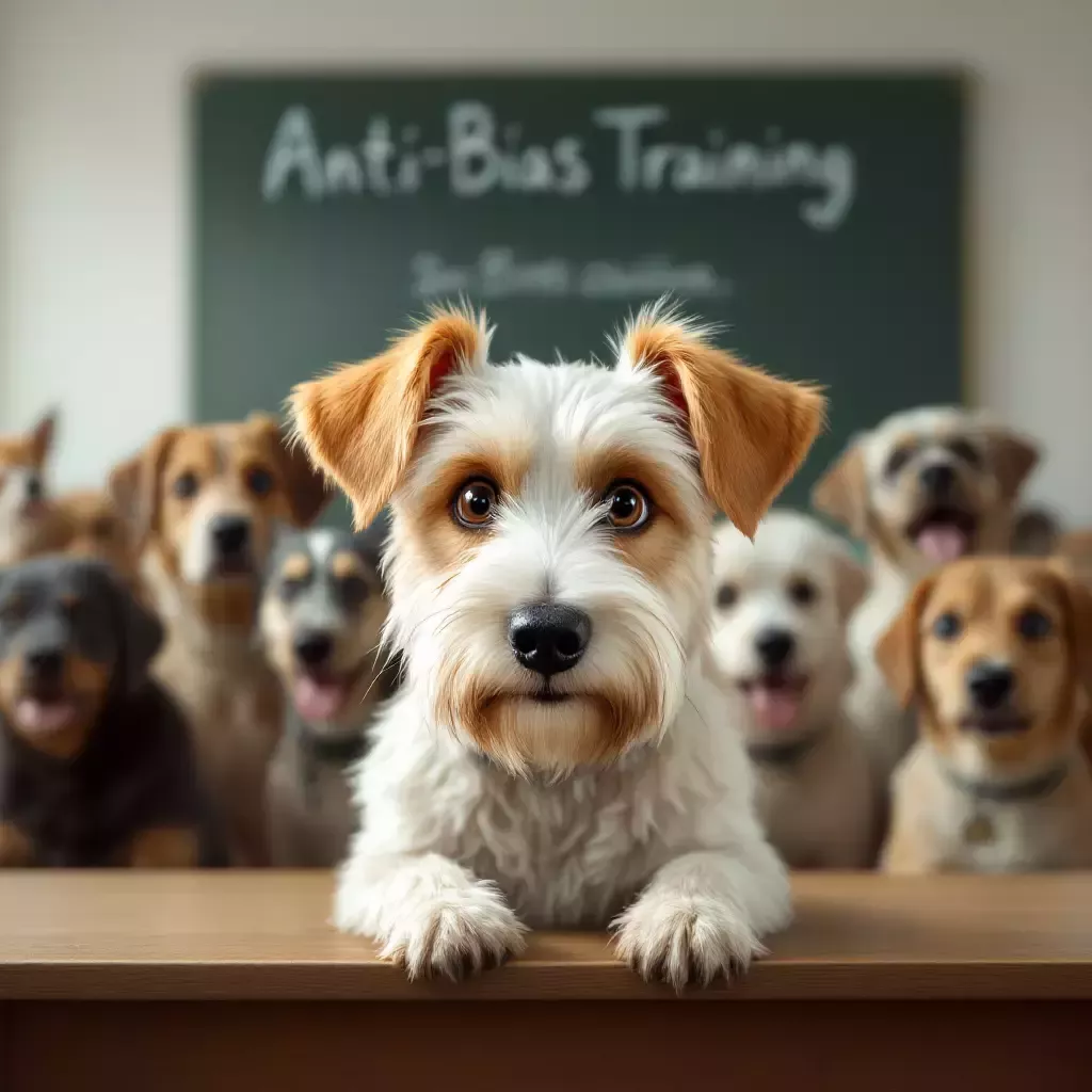 Bing sits in a classroom setting with a bunch of other dogs. A large chalkboard behind them reads 'Anti-Bias Training'. Bing looks confused but attentive.