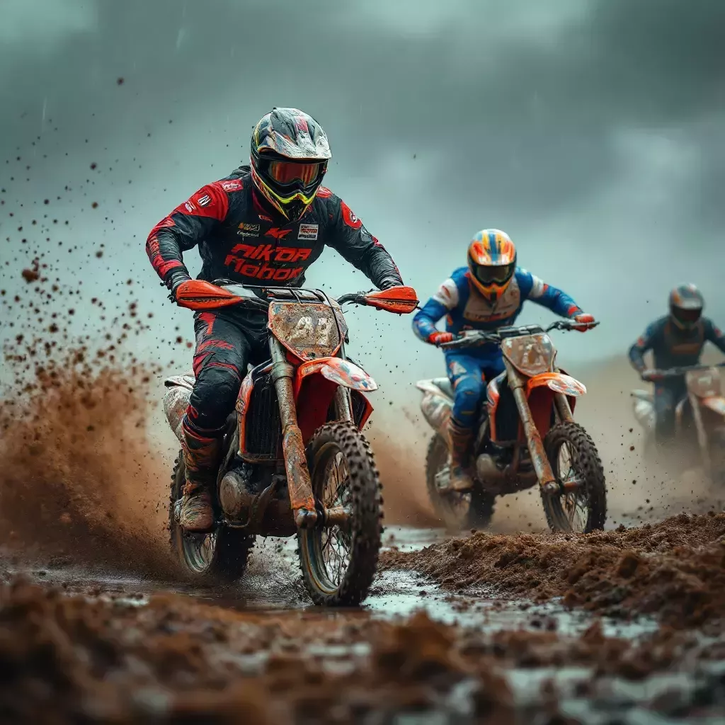 A muddy off-road race with dirt bikes kicking up mud as they navigate a challenging course under a rainy sky.
