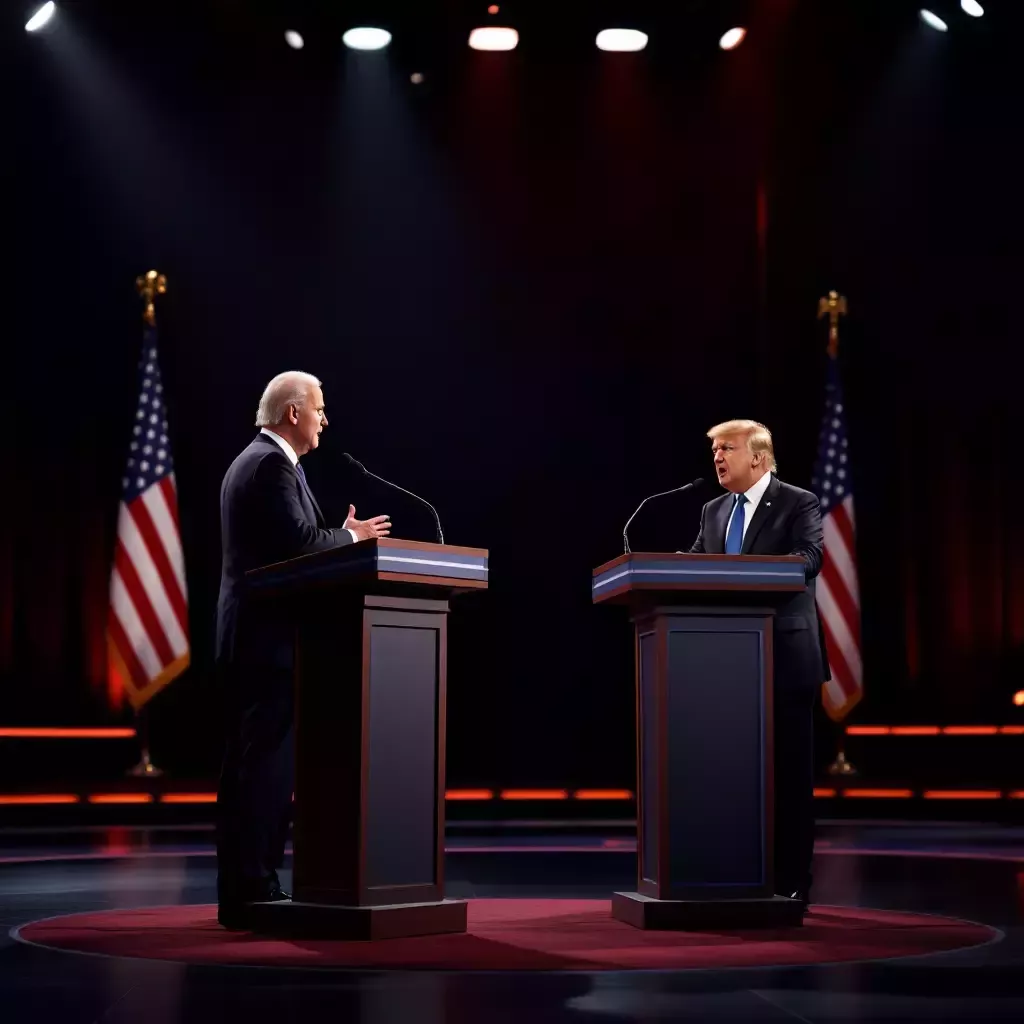 A debate stage where Biden and Trump are standing at podiums, passionately presenting their cases.