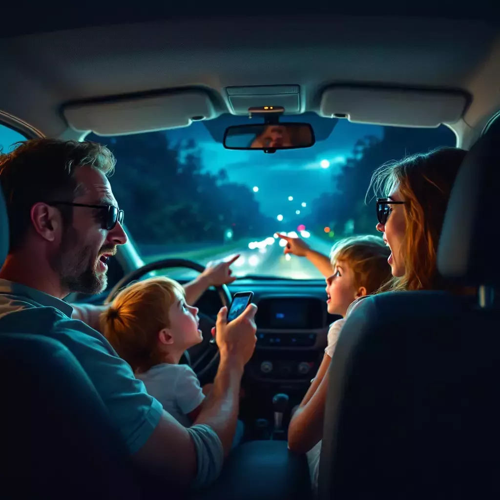 Daddy is driving. Inside the car, everyone is panicked. Daddy's sunglasses are slightly askew, and the phone is slipping from his hand. Sally points out the window with fear in her eyes. It's night.