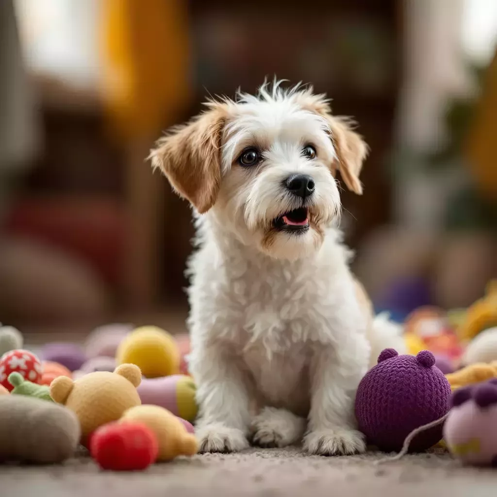 Bing sits next to a pile of dog toys, howling with a slightly sad expression.