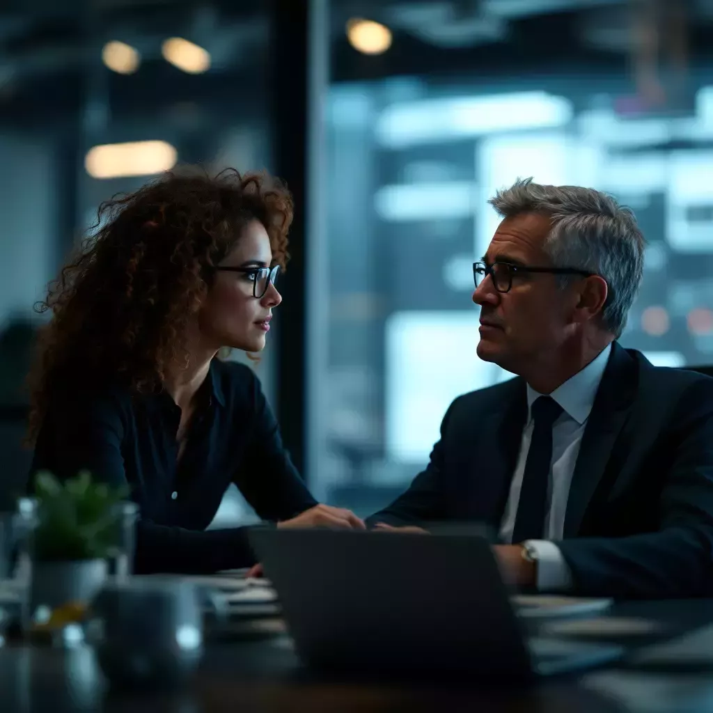 An engineer, the woman with curly hair and glasses, looks curiously at the manager who is sitting at the conference table. The manager has a sheepish expression, hinting at a confession.