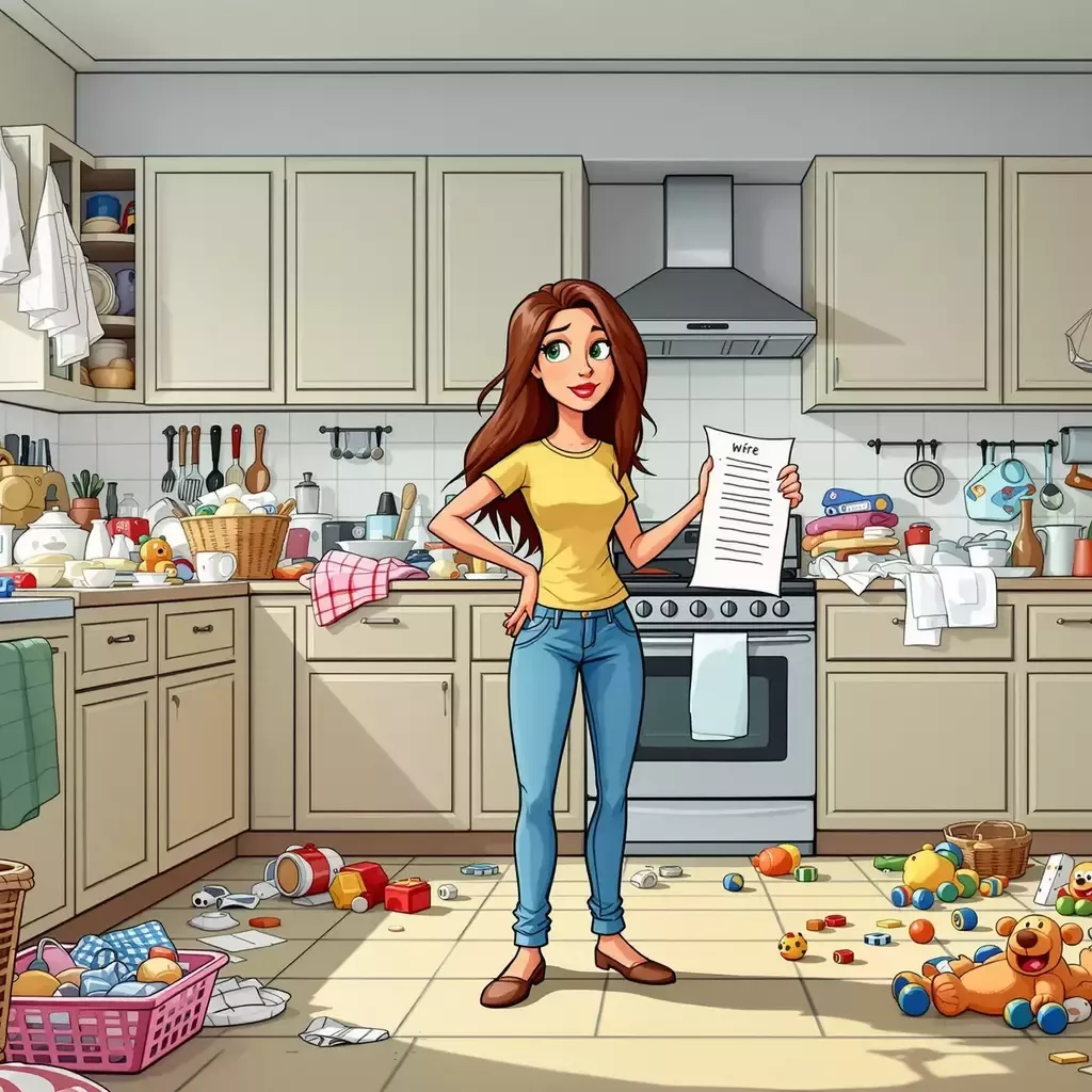 A busy suburban kitchen with dishes piled in the sink, laundry overflowing from baskets, and toys scattered on the floor. The woman looks overwhelmed, standing in the middle with a long list of chores in her hand.