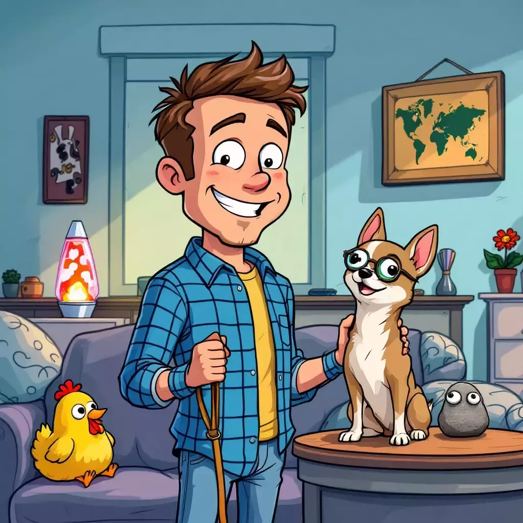 Bob, a cheerful man with a clean-shaven face, wearing a blue plaid shirt and jeans, holds his Chihuahua on a leash. Next to him is Jerry, a small rock with googly eyes, placed on a table. They're in a cozy living room filled with quirky items like a lava lamp and a rubber chicken.