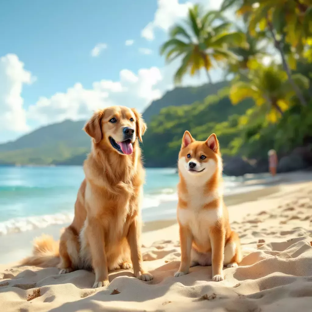 A golden retriever and a shiba inu on a sandy Hawaiian beach with a lush green backdrop.