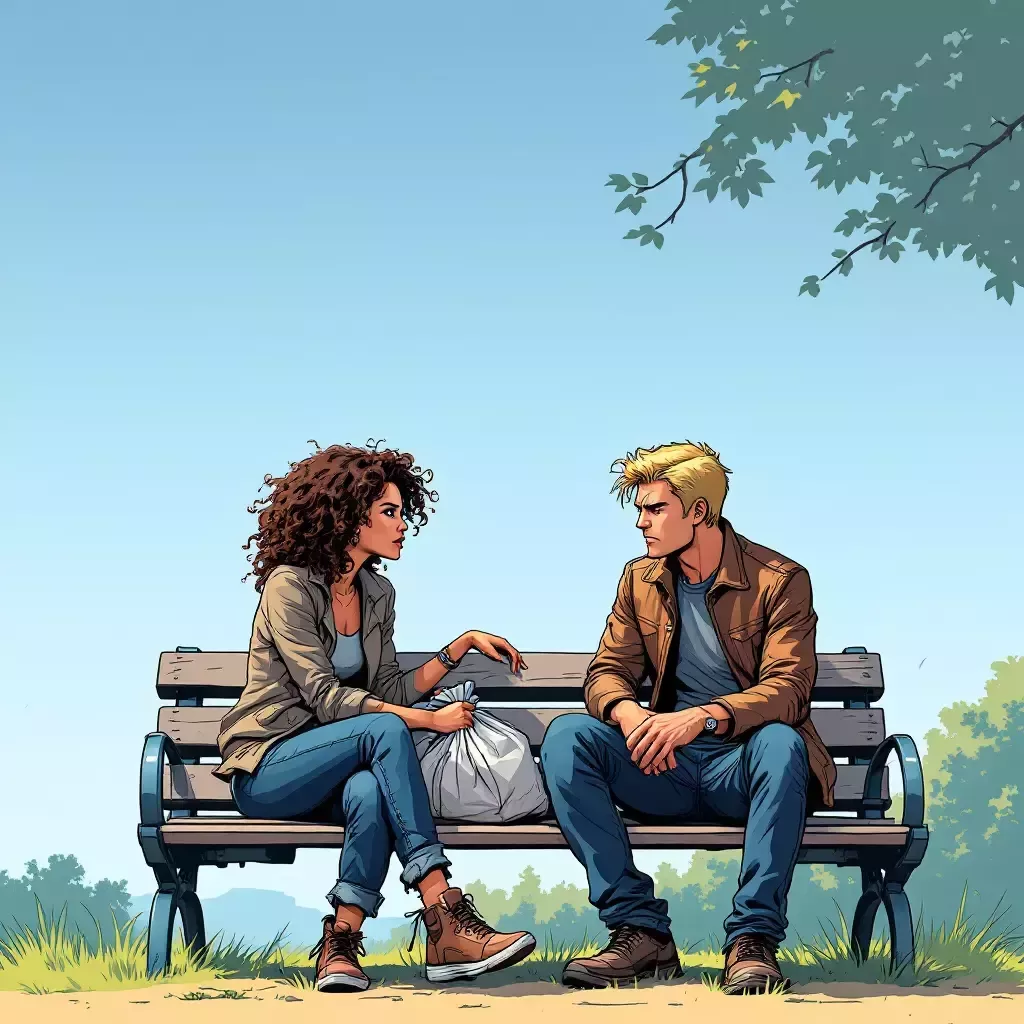 Nikki and Jeff are seated on a park bench with a small bundle of belongings, glaring at each other with determination.
