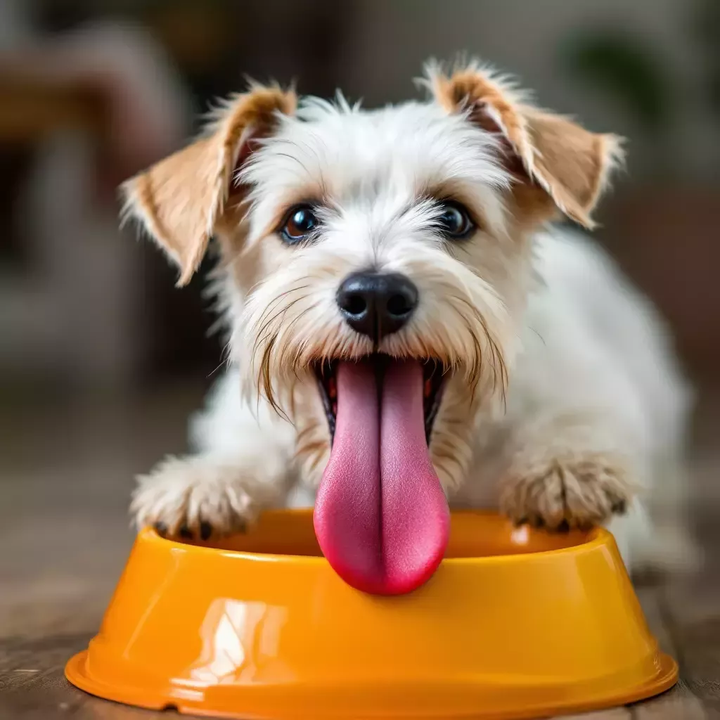 Bing's large tongue is lapping up water from his water bowl