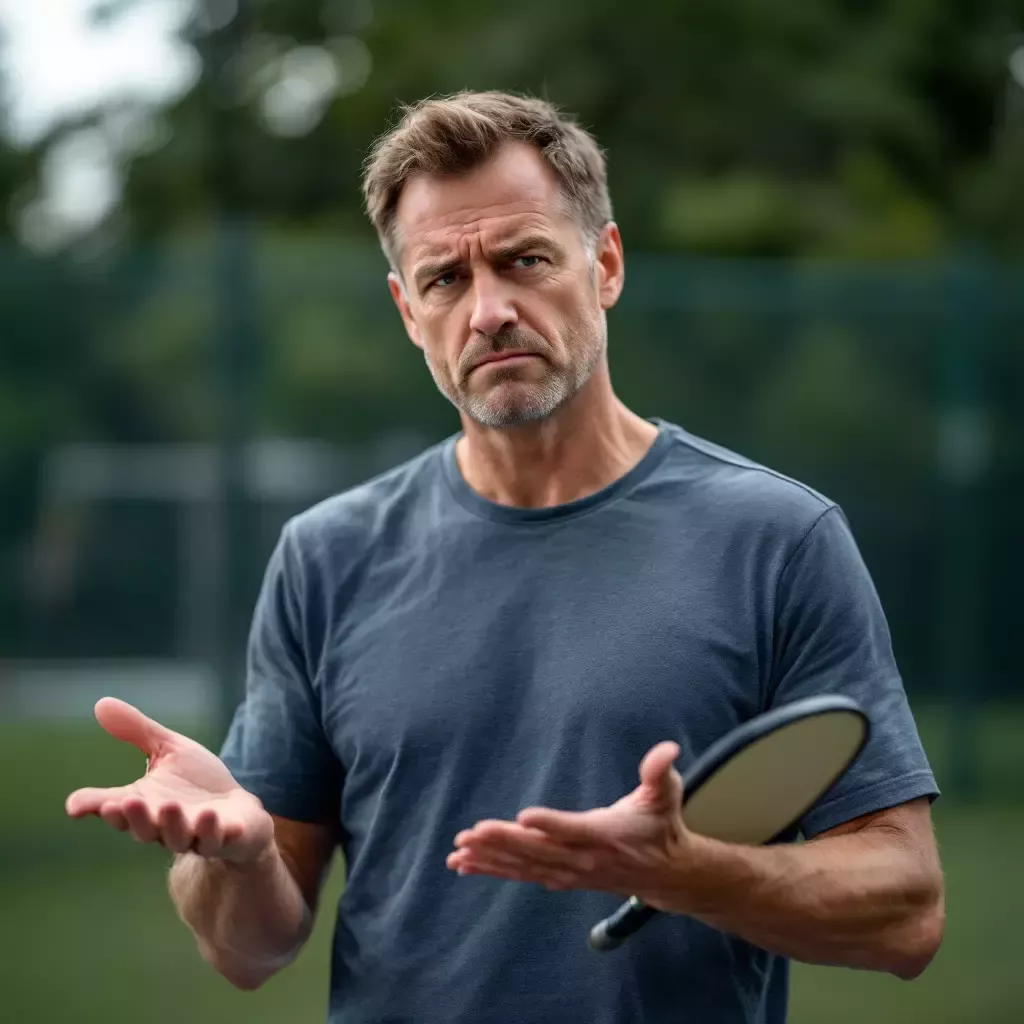 Jared shrugs with one hand, holding his pickleball paddle in the other, a slight frown on his face.