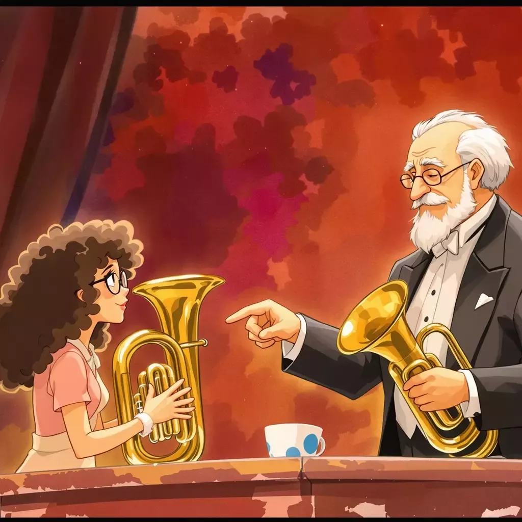The conductor, an elderly man with silver hair and a sharp tuxedo, stands on the podium with a stern yet kind expression, pointing gently towards Zara's tuba.