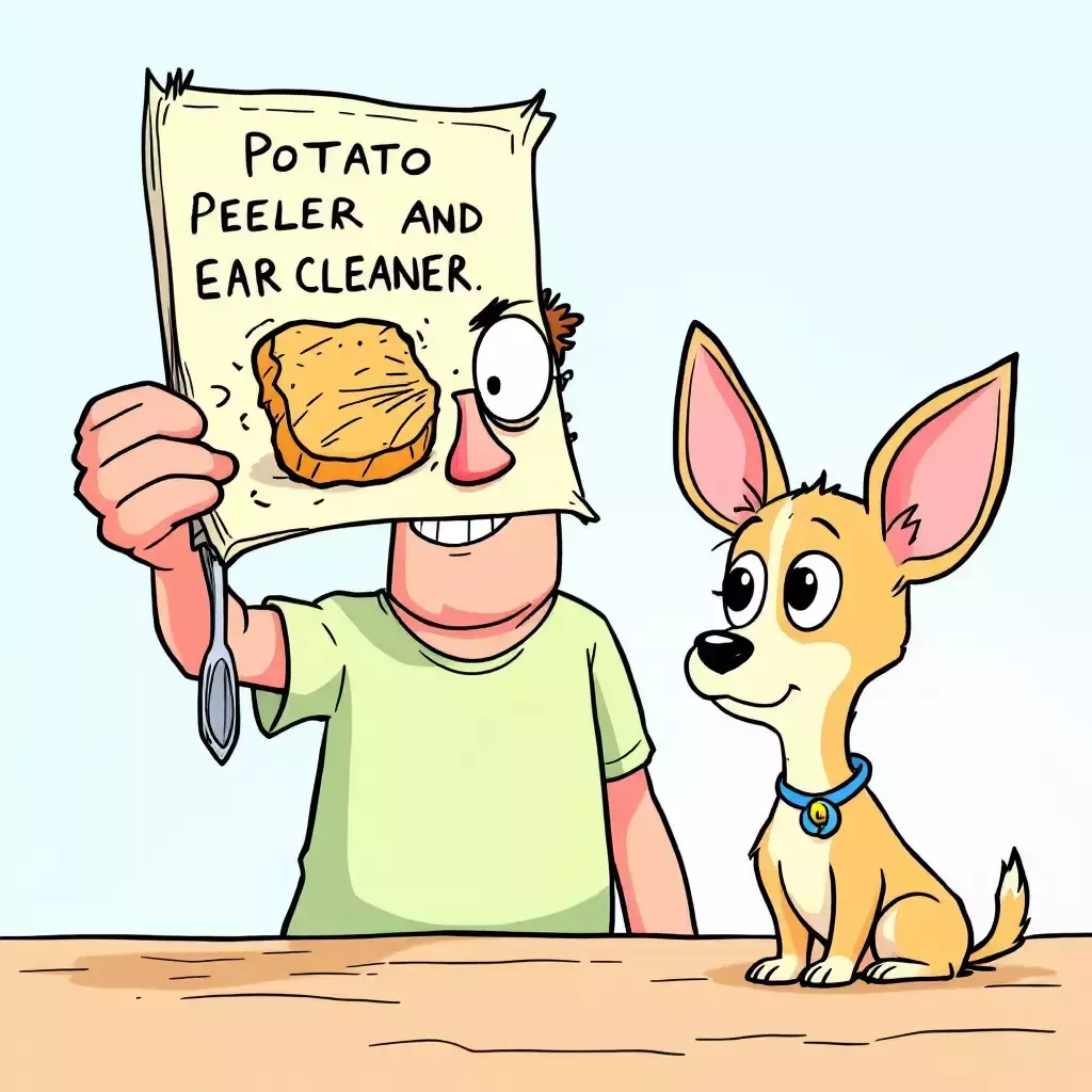 Bob, with a comical grin, holds up a gadget labeled "Potato Peeler and Ear Cleaner." Max looks at it with wide eyes, clearly concerned.