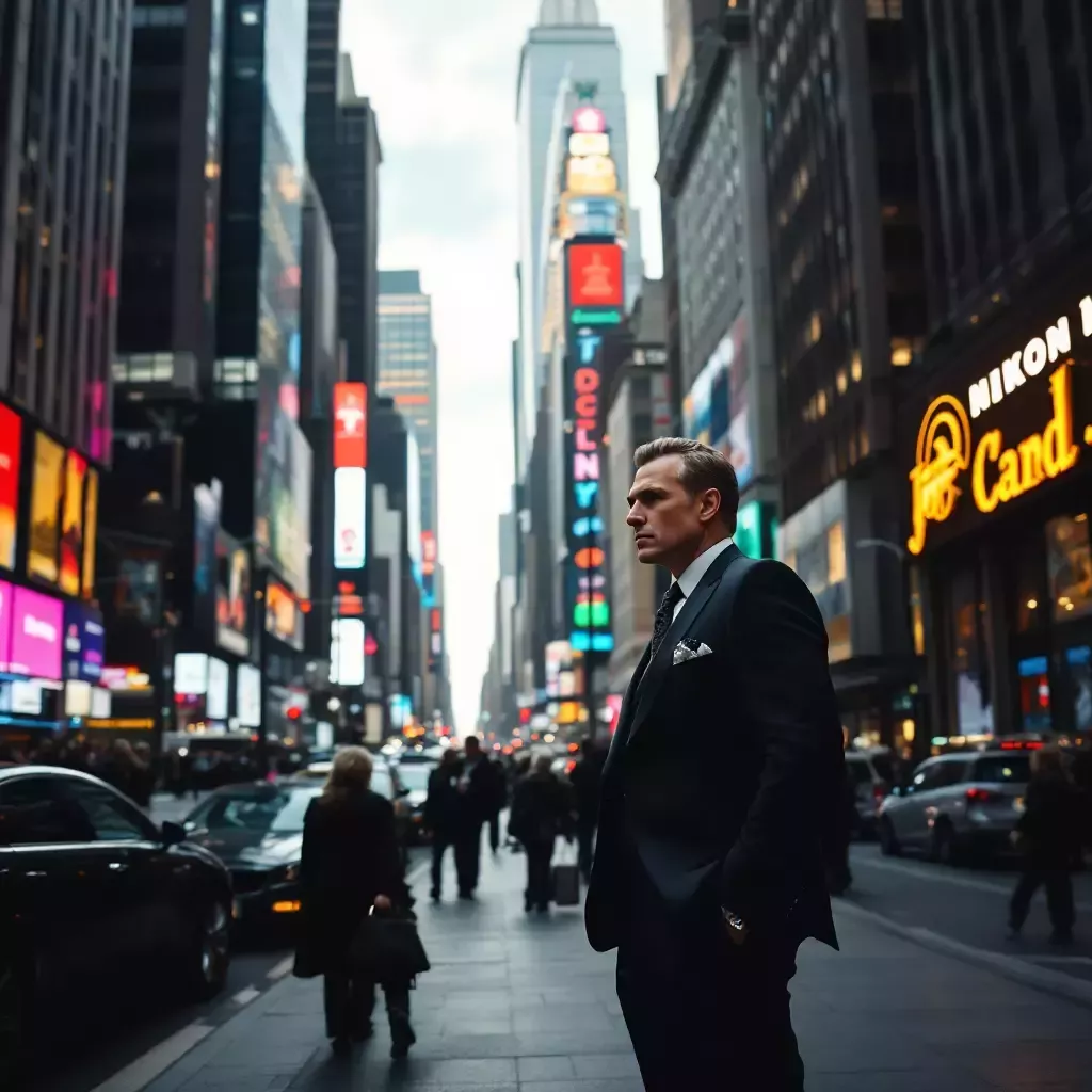 A bustling cityscape with towering skyscrapers and busy streets filled with people and vehicles. John Poul stands out in a luxury suit on the sidewalk.