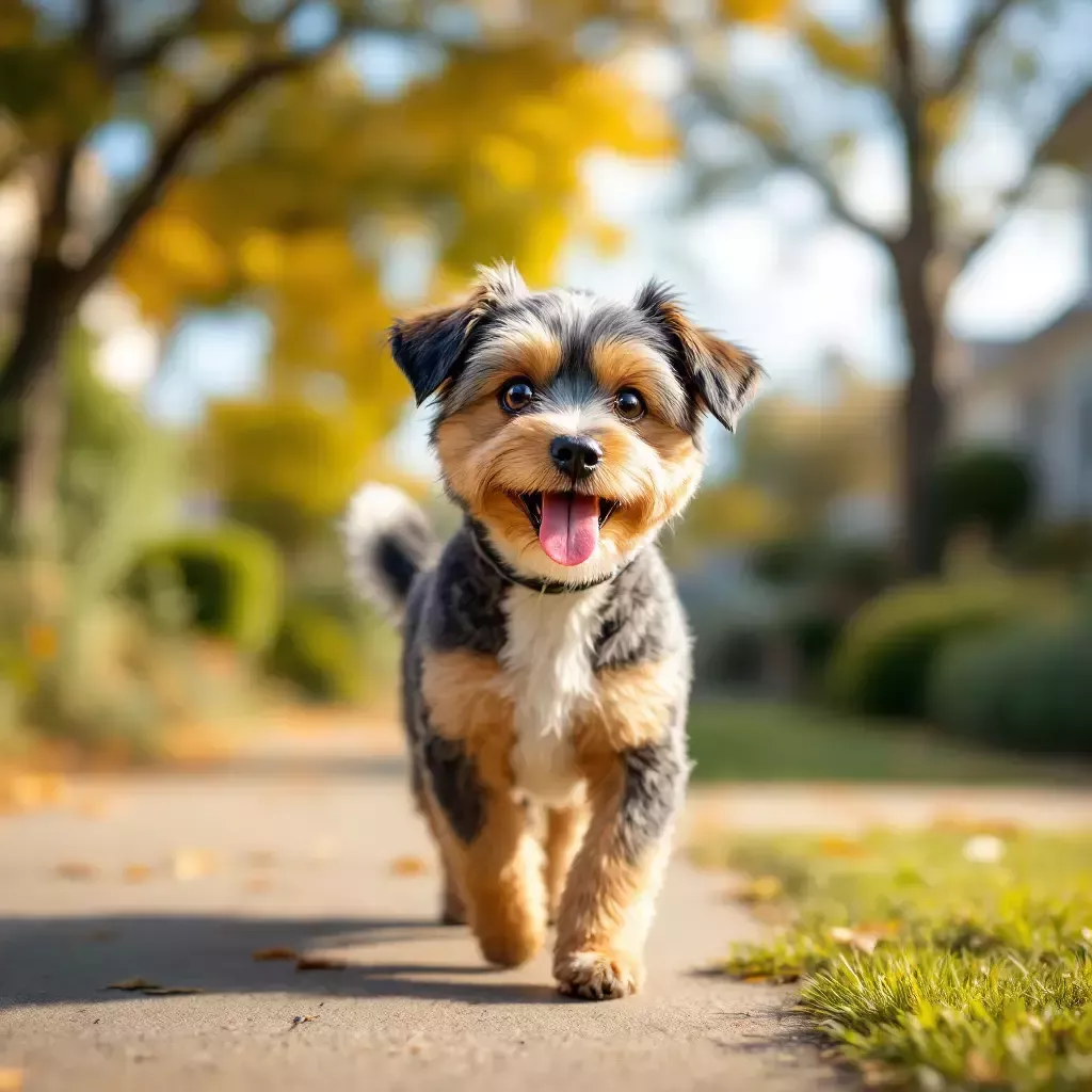 A small, lively dog named Bing is walking confidently in a sunny suburban neighborhood, wagging his tail.