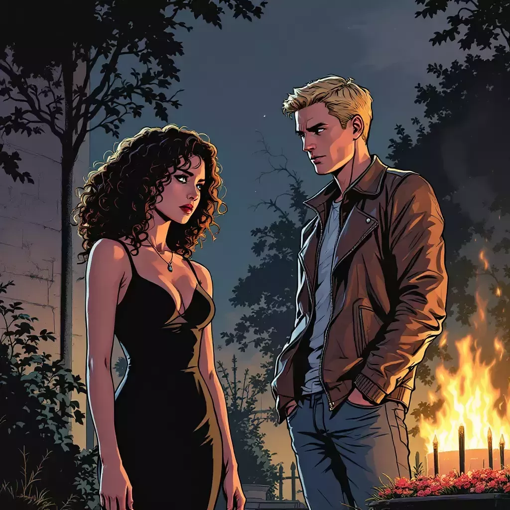 The landlord’s funeral, where Nikki, wearing a black dress, stands with a somber expression beside Jeff, who looks indifferent.