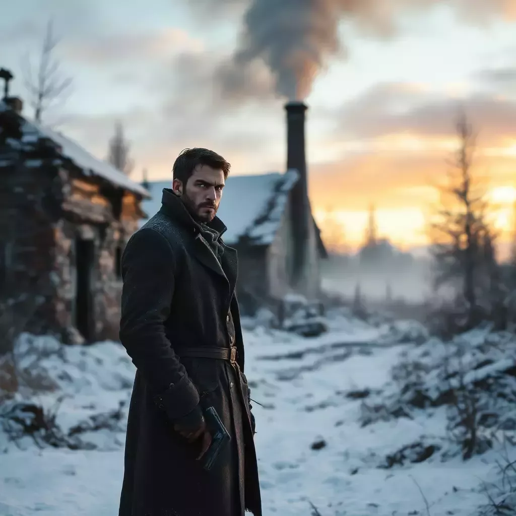 Ivan stands outside the ruins of the shack, holding his pistol. Smoke rises from the chimney as dawn breaks over the snowy landscape.
