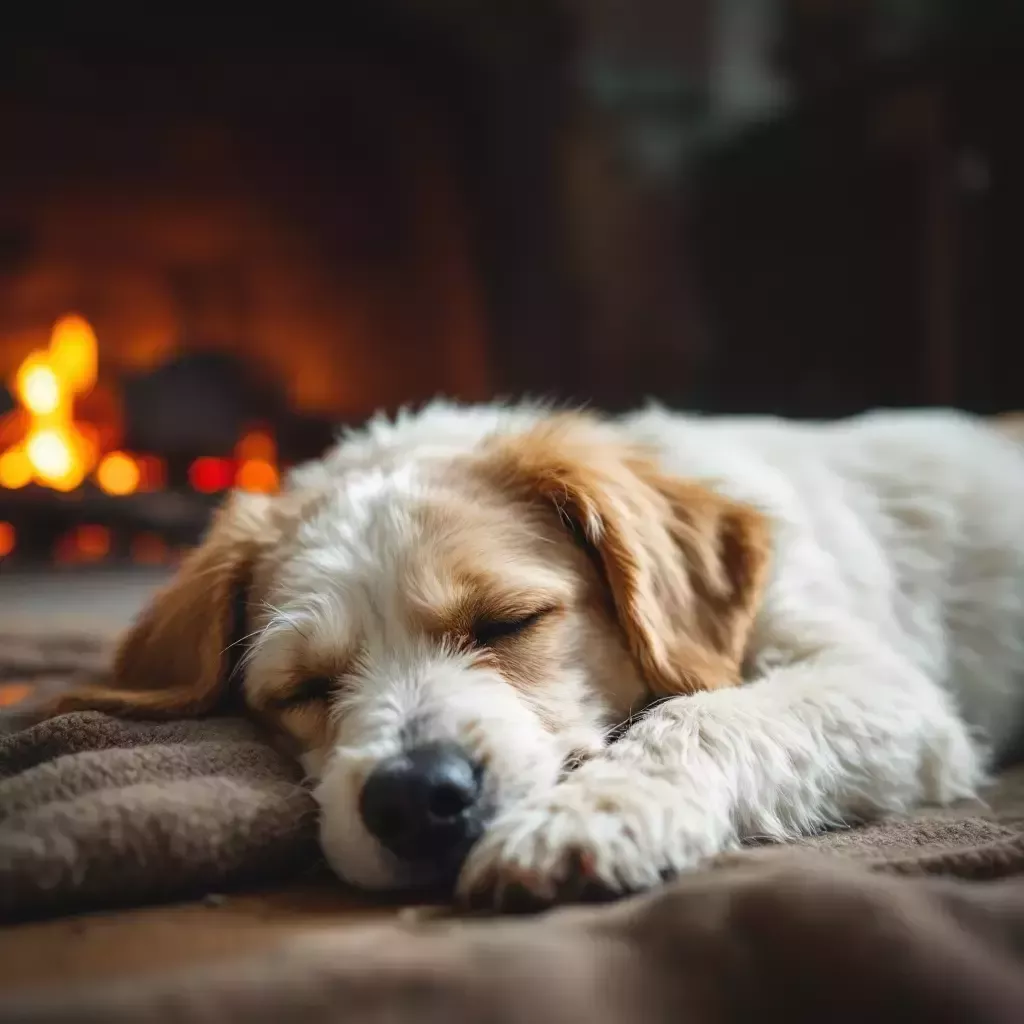 A white scruffy dog with tan floppy ears is sleeping in front of a fireplace sleeping.