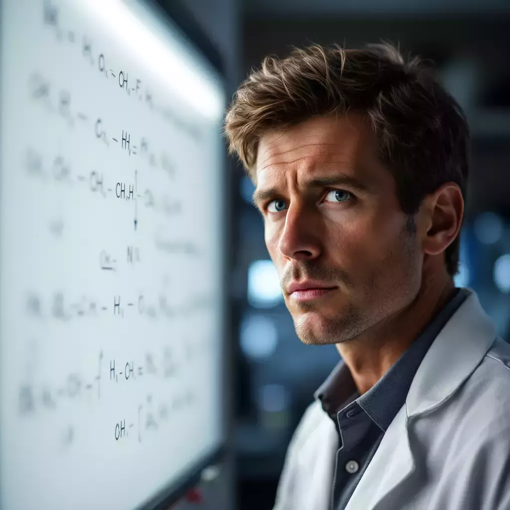 A close-up of RFK in a laboratory, looking at a complex chemical formula on a whiteboard. He has short brown hair, a serious expression, and is wearing a white lab coat.